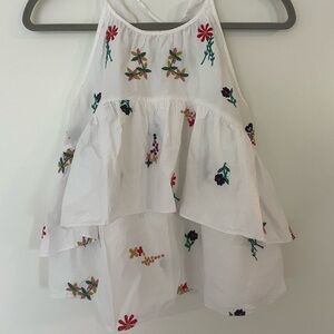 Zara S white embroidered floral ruffle tank top